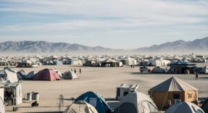 alt="desert with tents as part of burning man festival"