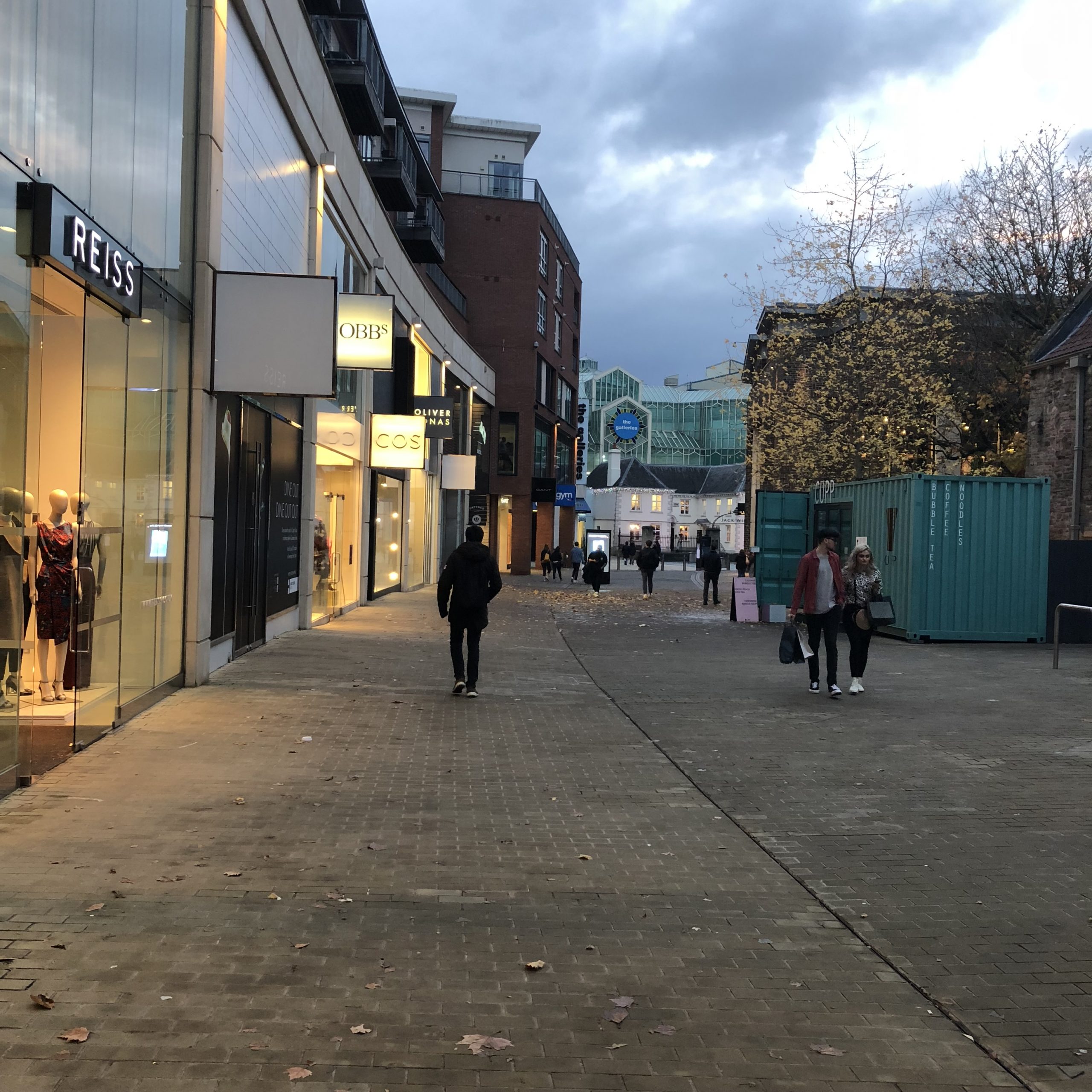 alt="one of the streets with shops in Bristol city centre"