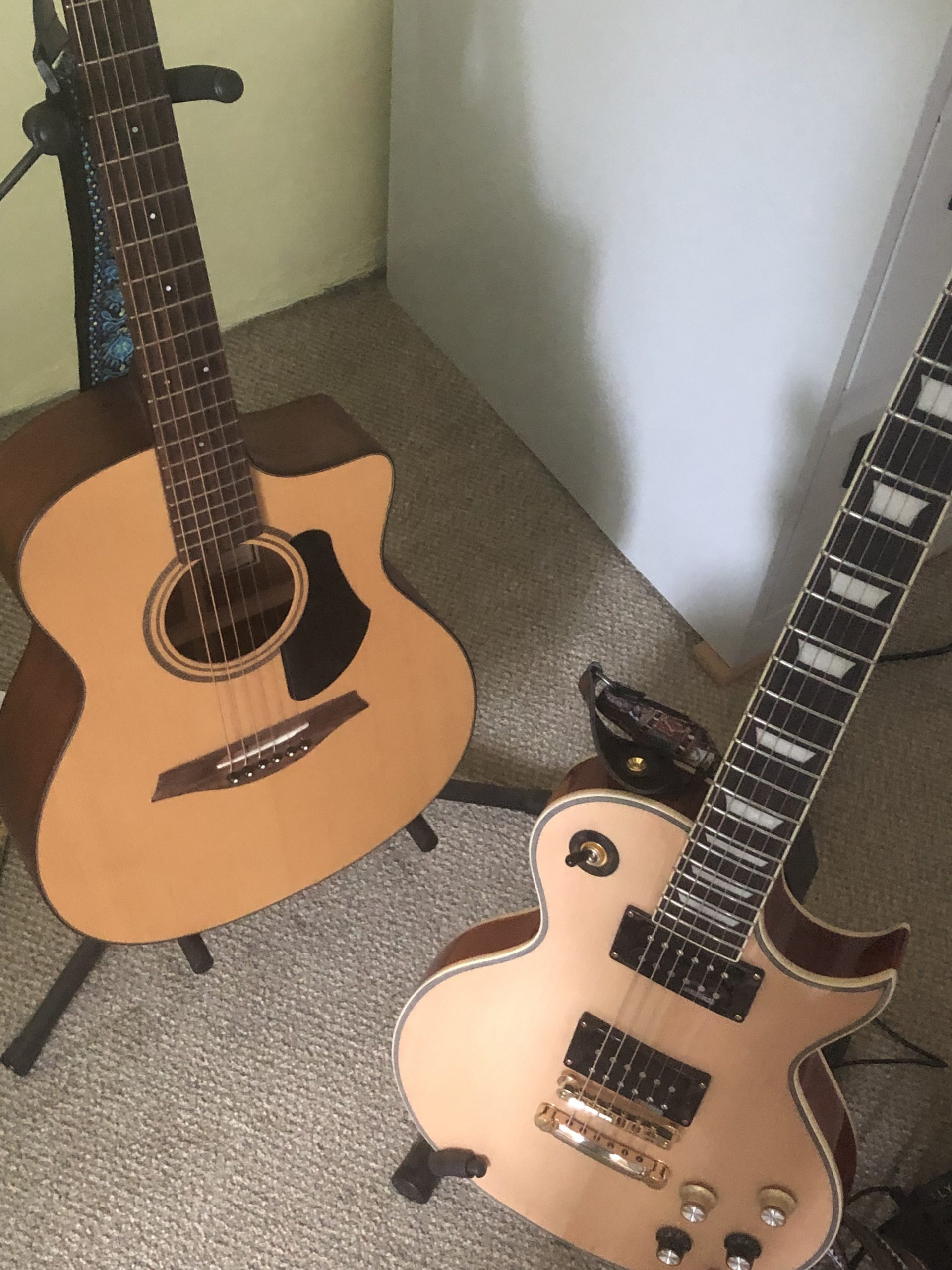 alt="my electric & acoustic guitars on stands"