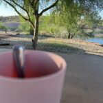 alt="coffee in mug by lake"