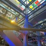 alt="looking up at internal structure of brewery building"