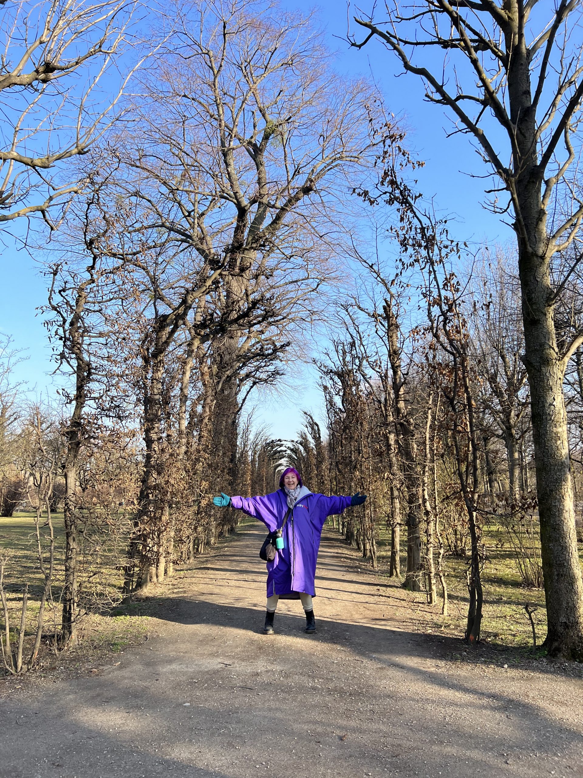 alt="tree lined avenue & me in a star shaped pose"