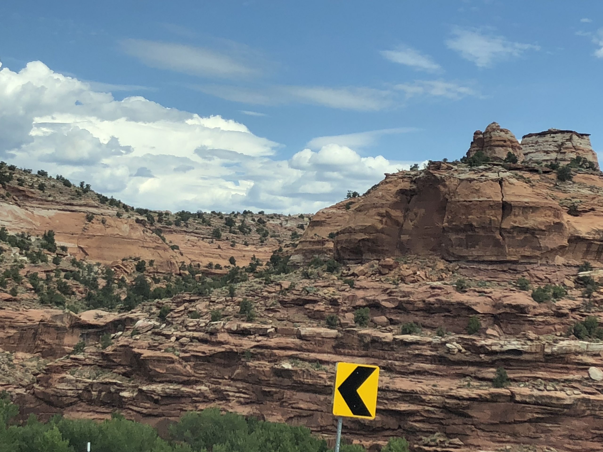 alt="hills on side of road with few trees"