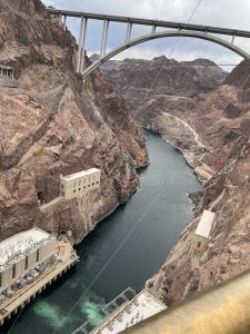 alt="the gorge with the bridge across with the water & buildings that control the dam"