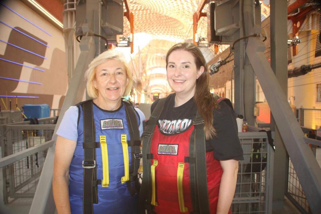 alt="daughter & me about to go on the Old Downtown Zipwire"