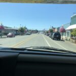 alt="street with colourful hanging baskets of flowers"