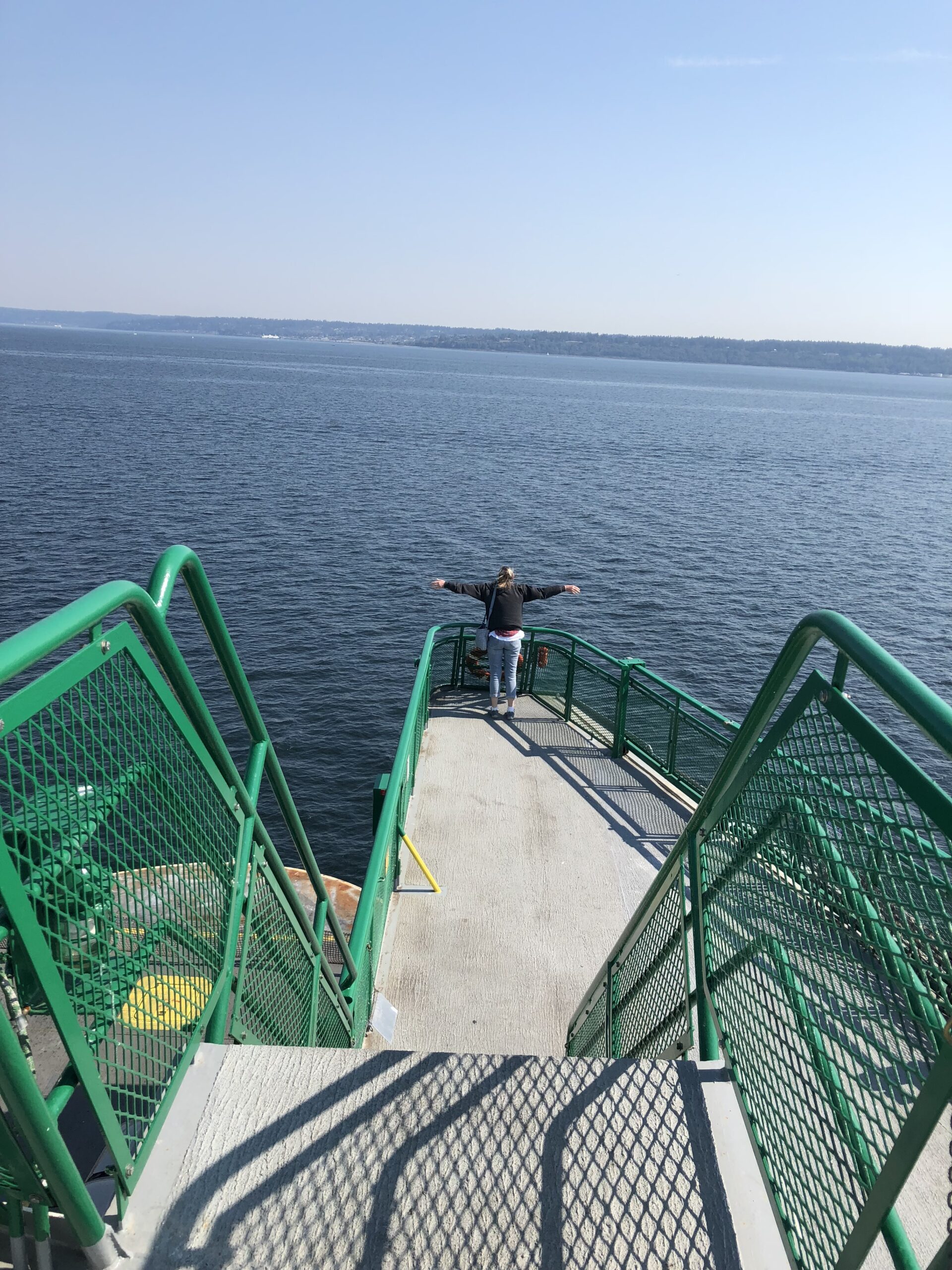 alt="person stood at prow of the ferry in a 'titanic pose'"