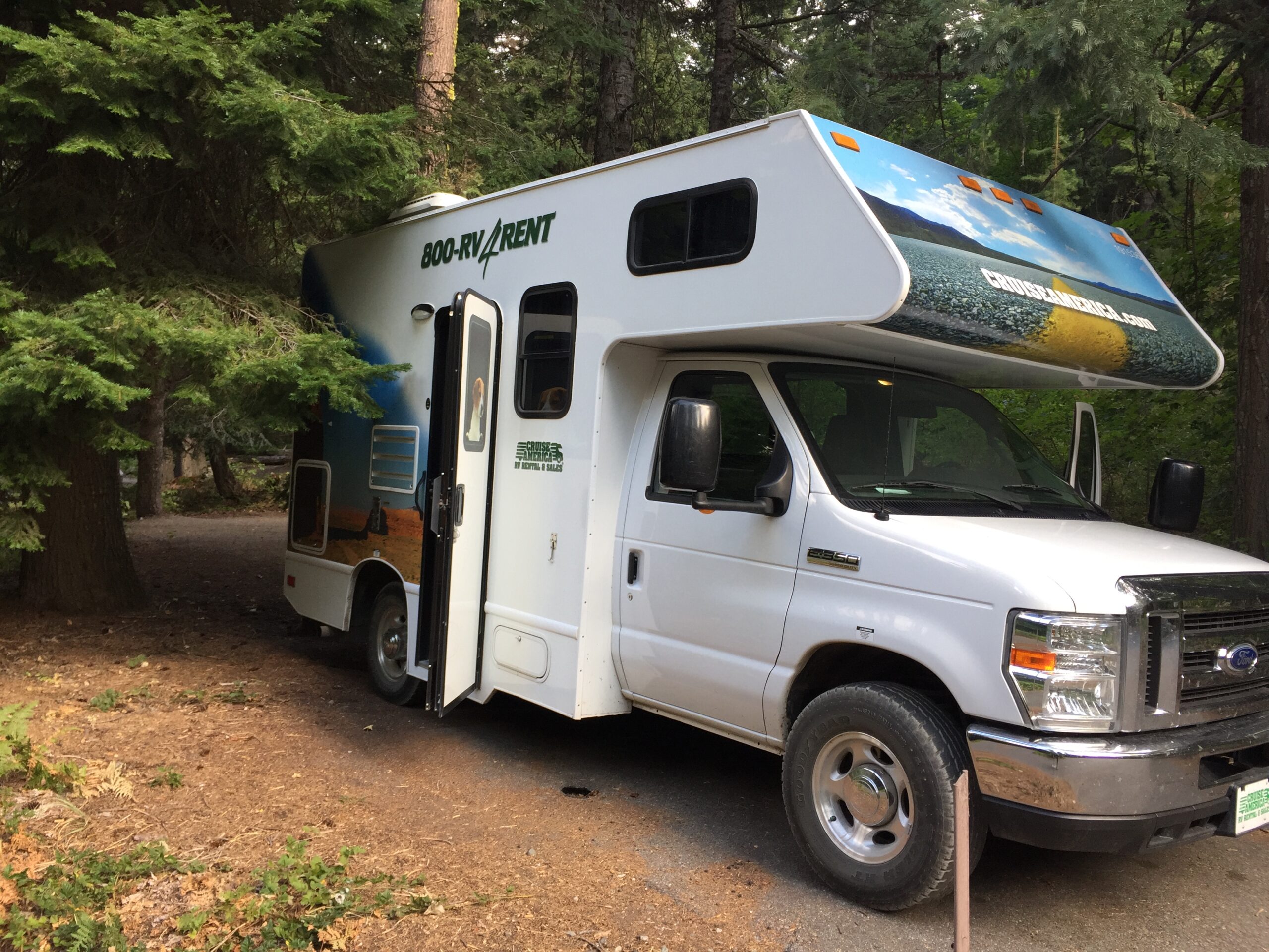 alt="side view of camper van in the trees"